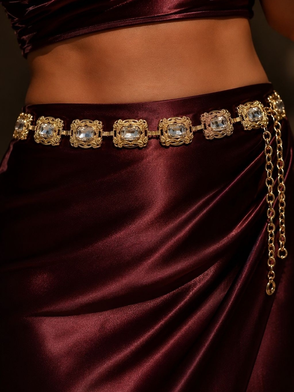 Gold Tone Crystal Link Chain Belt with Clear Gems